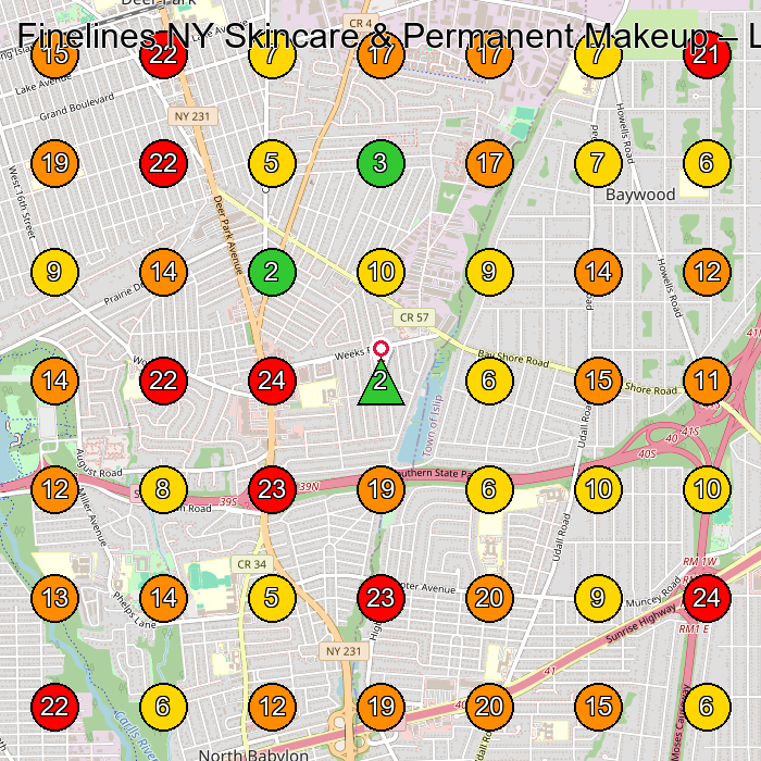 Finelines NY Skincare & Permanent Makeup Permanent Make-Up Clinic GeoGrid ranking map for North Babylon NY